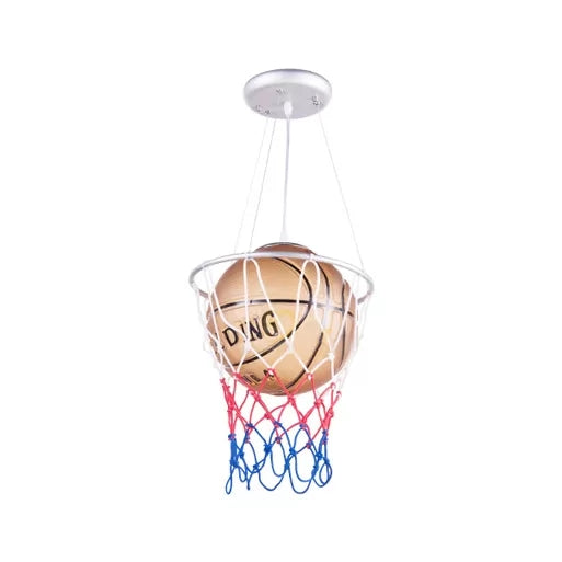Brown Glass Basketball Pendant Light With Hoop - Sporty 1-Head Hanging Lamp For Bedroom