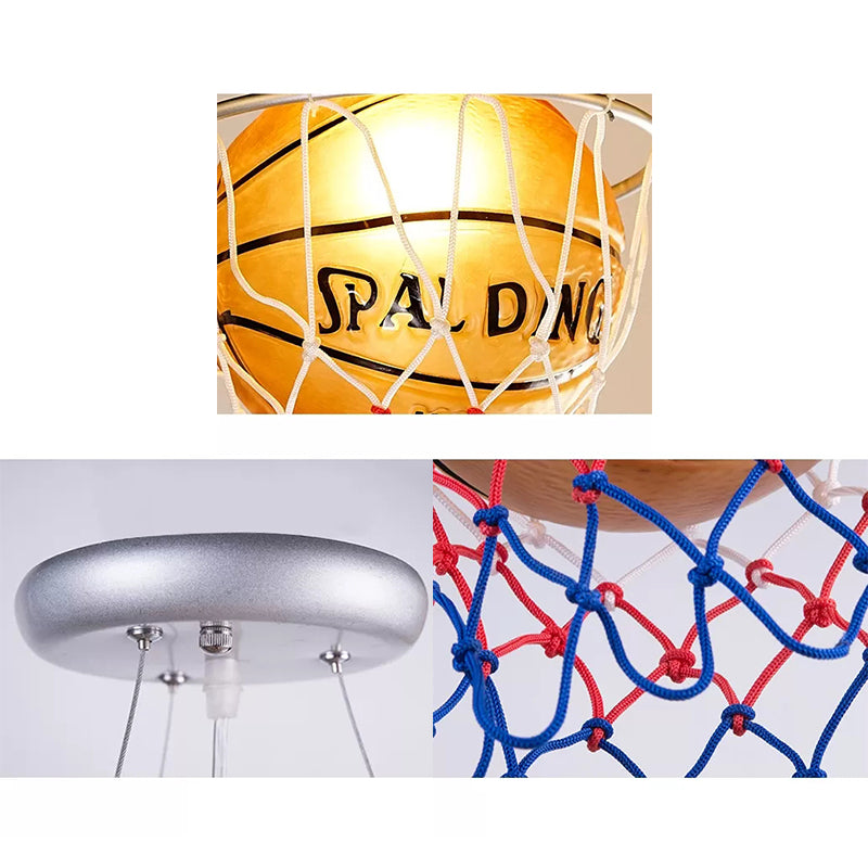Brown Glass Basketball Pendant Light With Hoop - Sporty 1-Head Hanging Lamp For Bedroom