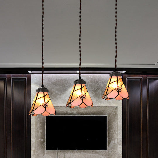 Baroque Style Pink Stained Glass Pendant Light Kit for Dining Room with 3 Bulbs