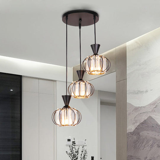Modern Iron Ellipse Cage Ceiling Lamp with Crystal Prisms Shade - Black Finish, 3-Bulb Pendant