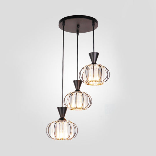 Modern Iron Ellipse Cage Ceiling Lamp with Crystal Prisms Shade - Black Finish, 3-Bulb Pendant