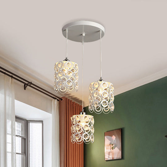 Modern Cylinder Hanging Lamp with K9 Crystal Embellishments, 3-Head Design, White Finish, Multi Ceiling Light