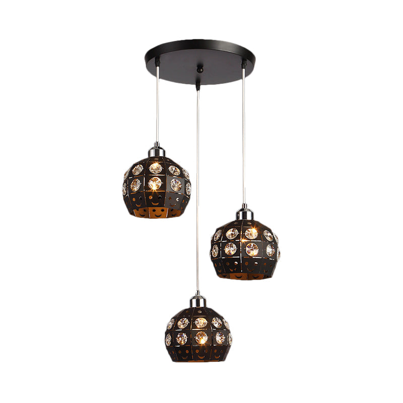 Lampe suspendue moderne en forme de dôme en cristal noir pour salle à manger avec 3 têtes de lampe suspendues intégrées