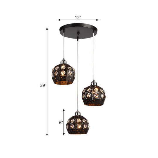 Lampe suspendue moderne en forme de dôme en cristal noir pour salle à manger avec 3 têtes de lampe suspendues intégrées