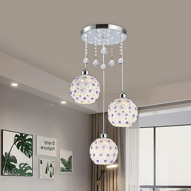 Modern Iron Sphere Multi-Pendant Ceiling Fixture with 3 Lights, White Finish & Purple Crystal Bead Decor
