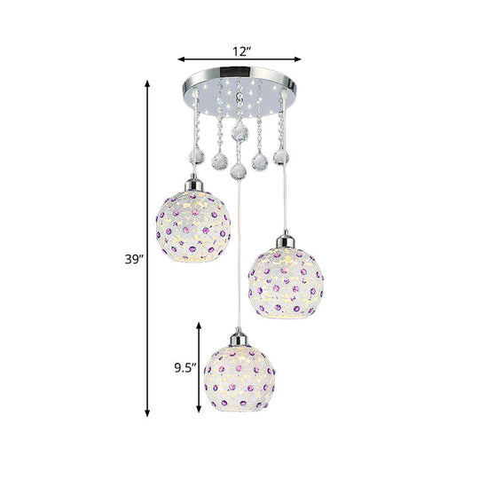 Modern Iron Multi-Pendant Ceiling Fixture With 3 Lights White Finish And Purple Crystal Bead Decor
