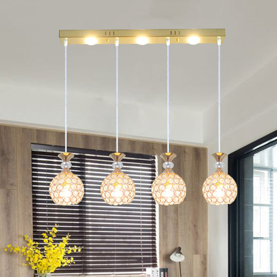 Modernist Gold Finish Pendant Dining Room Ceiling Light With Crystal Embedded Globe Shade - 4 Heads