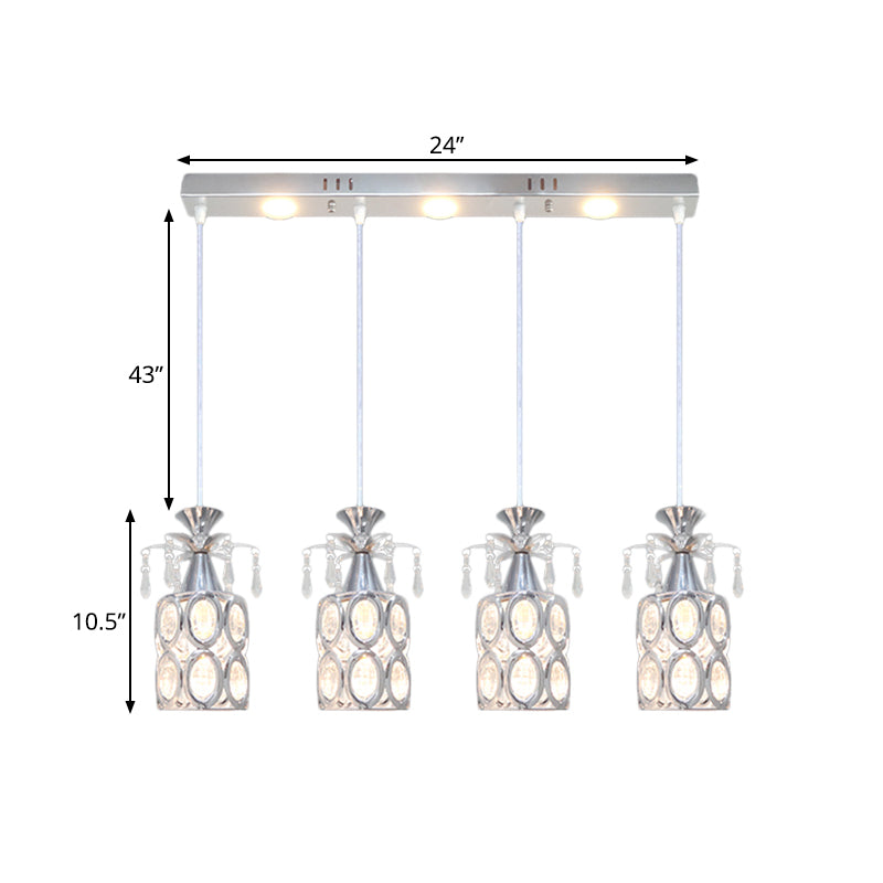Modern Silver Finish Cluster Light Pendant With Crystal Block Suspension - 4 Bulb Cylindrical Lamp