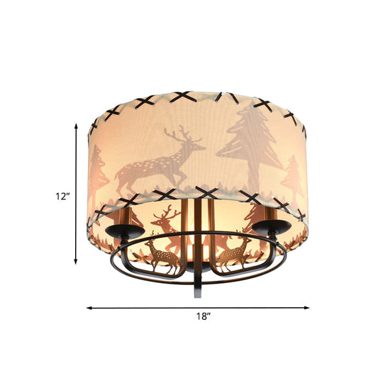 Modern Beige Semi Flush Ceiling Lamp with Drum Fabric Shade - 3-Bulb Kids Room Fixture