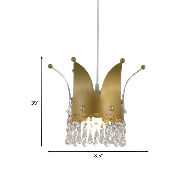 Gold Crystal Drop Modernist Crown Hanging Lamp - Bedroom Down Lighting With 1 Bulb