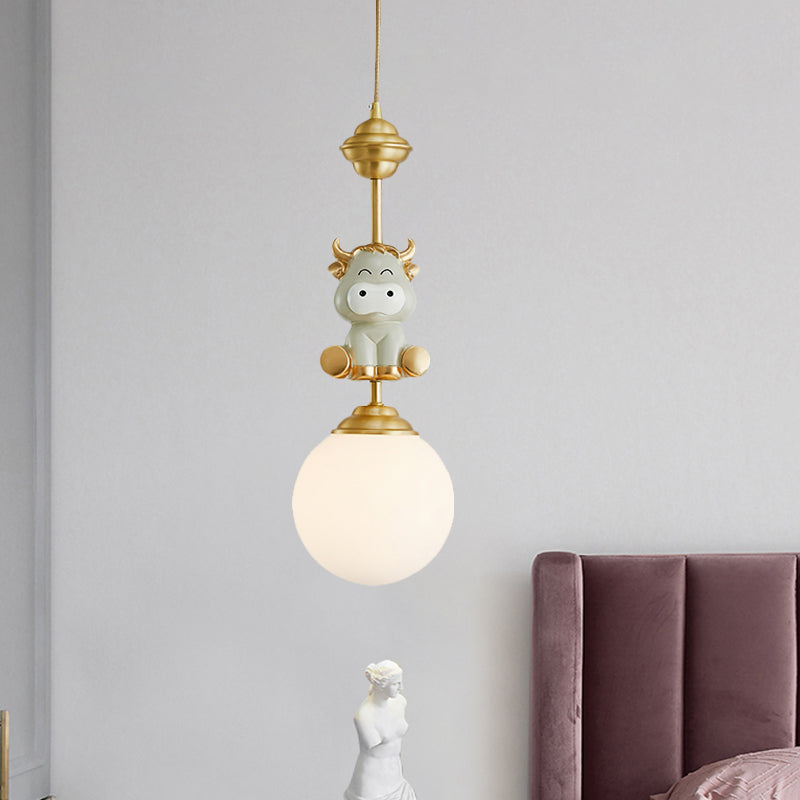 Cartoon Suspension Light: Gold Cow/Tiger Theme 1 Bulb Resin Ceiling Pendant With White Glass Shade