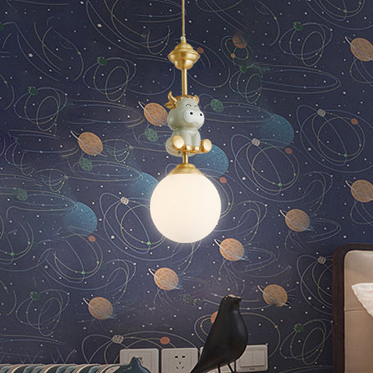 Cartoon Suspension Light: Gold Cow/Tiger Theme 1 Bulb Resin Ceiling Pendant With White Glass Shade