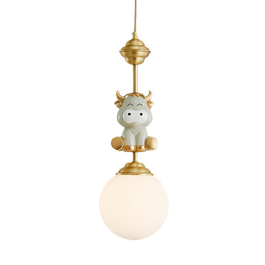 Cartoon Suspension Light: Gold Cow/Tiger Theme 1 Bulb Resin Ceiling Pendant With White Glass Shade