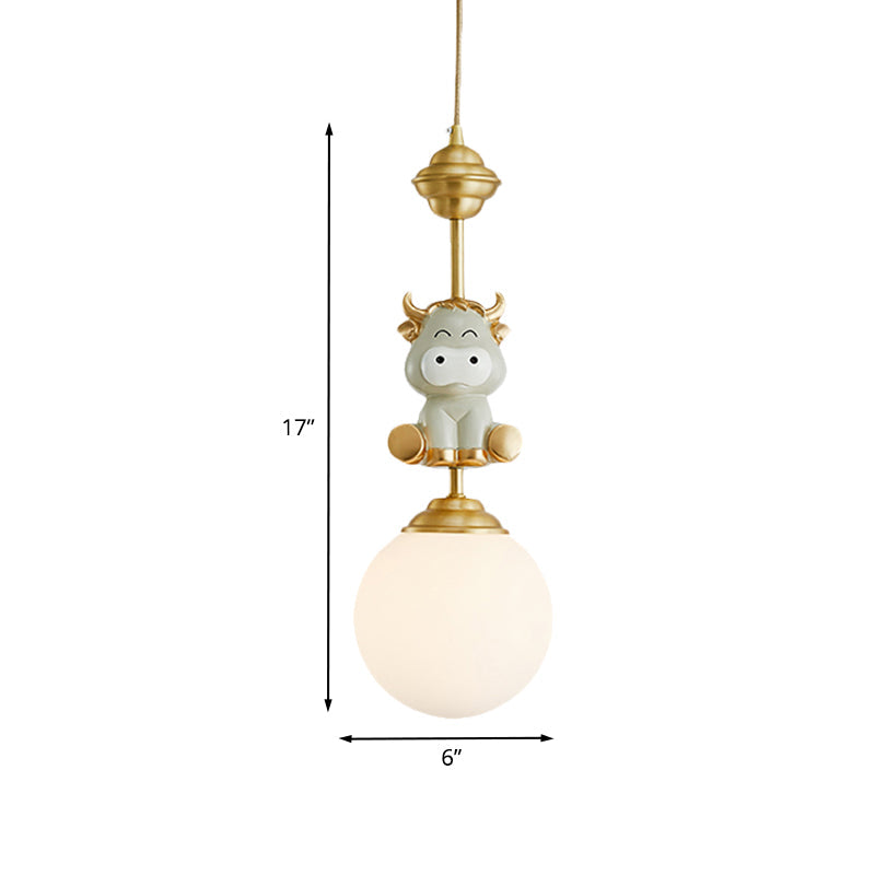 Cartoon Suspension Light: Gold Cow/Tiger Theme 1 Bulb Resin Ceiling Pendant With White Glass Shade