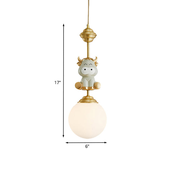 Cartoon Suspension Light: Gold Cow/Tiger Theme 1 Bulb Resin Ceiling Pendant With White Glass Shade