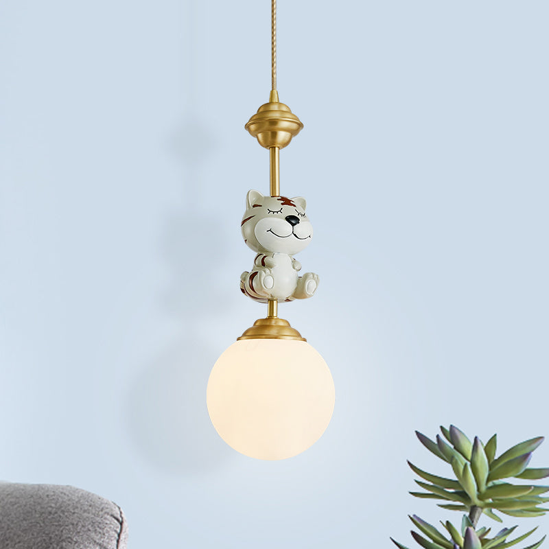 Cartoon Suspension Light: Gold Cow/Tiger Theme 1 Bulb Resin Ceiling Pendant With White Glass Shade