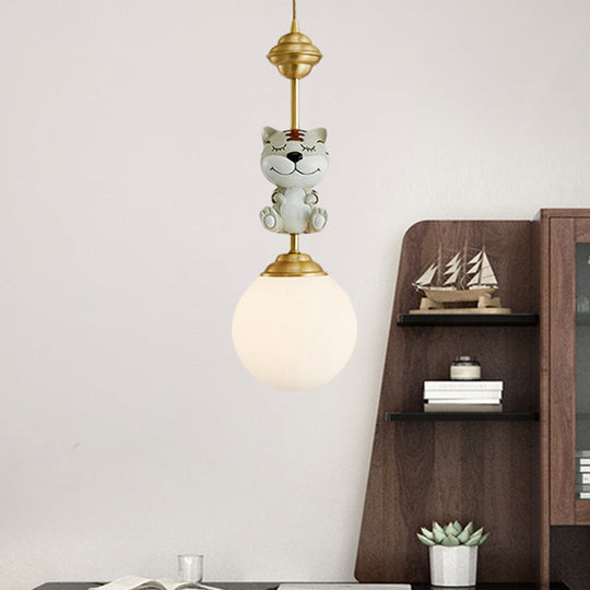 Cartoon Suspension Light: Gold Cow/Tiger Theme 1 Bulb Resin Ceiling Pendant With White Glass Shade