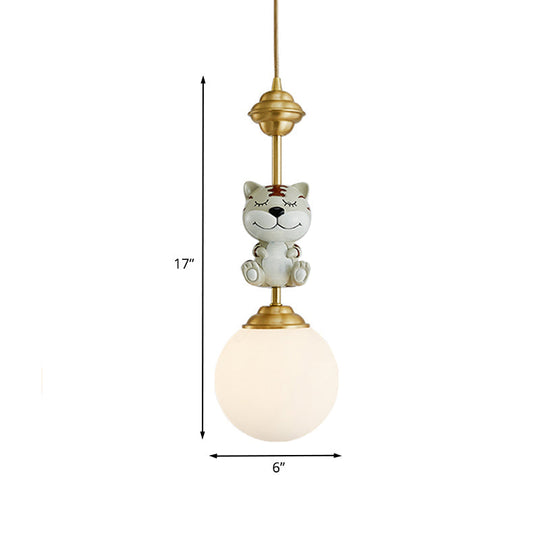 Cartoon Suspension Light: Gold Cow/Tiger Theme 1 Bulb Resin Ceiling Pendant With White Glass Shade