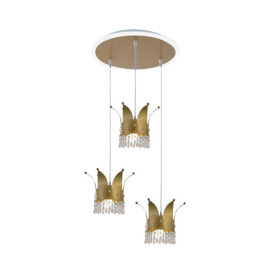 Modern Crown Cluster Pendant: 3-Head Nursery Suspension Light In Gold With Crystal Drops