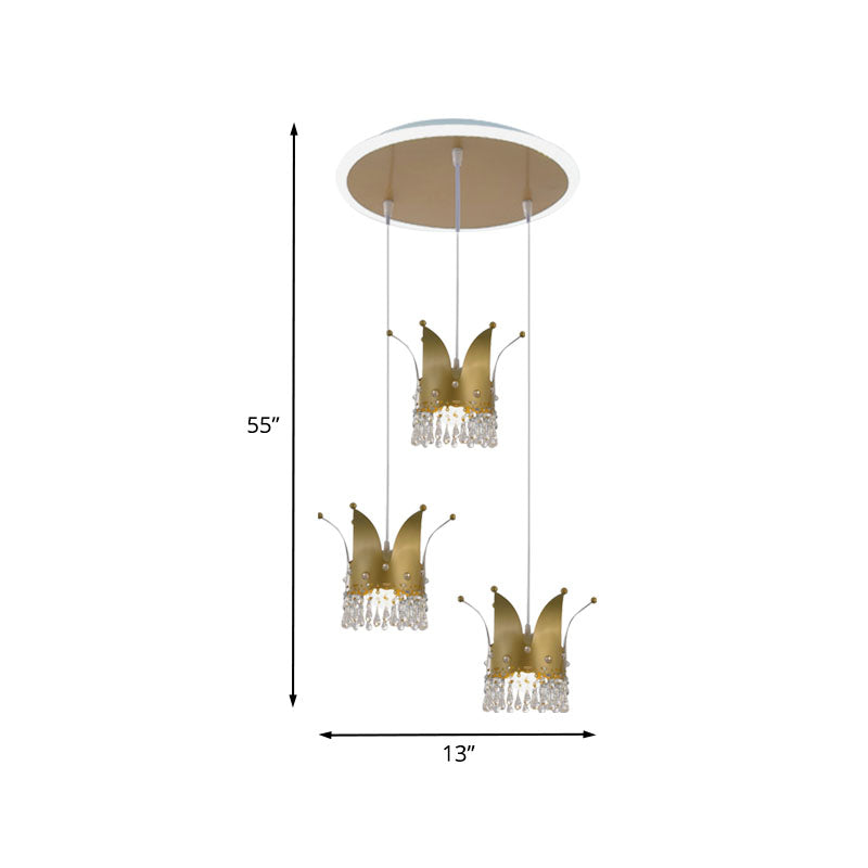 Modern Crown Cluster Pendant: 3-Head Nursery Suspension Light In Gold With Crystal Drops