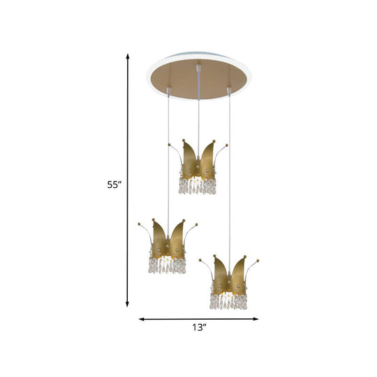 Modern Crown Cluster Pendant: 3-Head Nursery Suspension Light In Gold With Crystal Drops