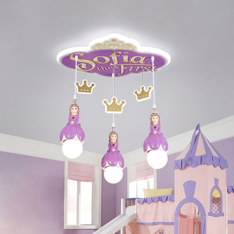 Cartoon Cluster Pendant Lamp - Purple Princess Crown Ceiling Light With 3 Metal Heads For Nursery
