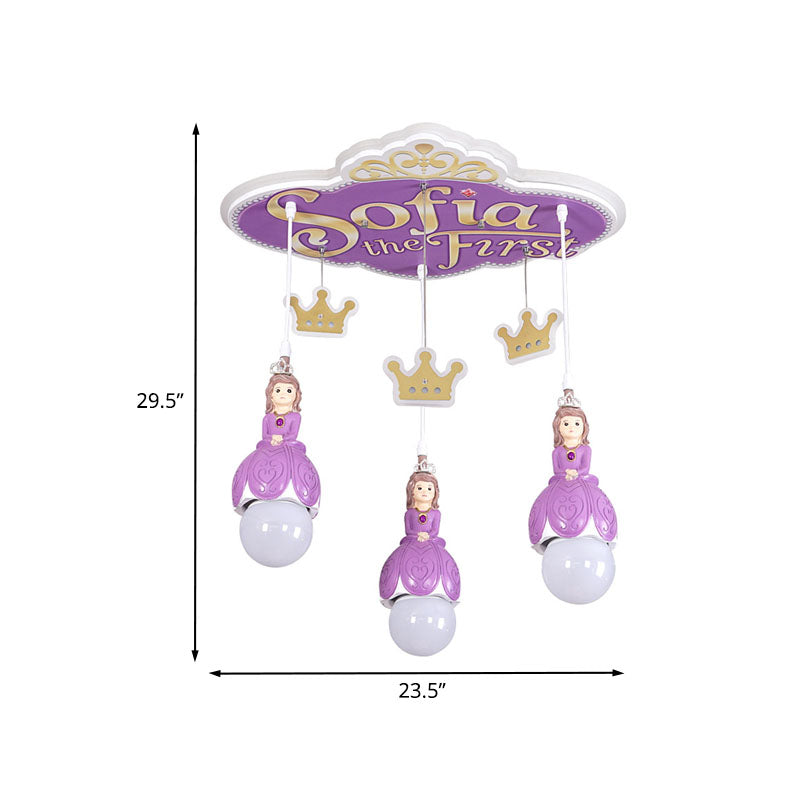 Cartoon Cluster Pendant Lamp - Purple Princess Crown Ceiling Light With 3 Metal Heads For Nursery