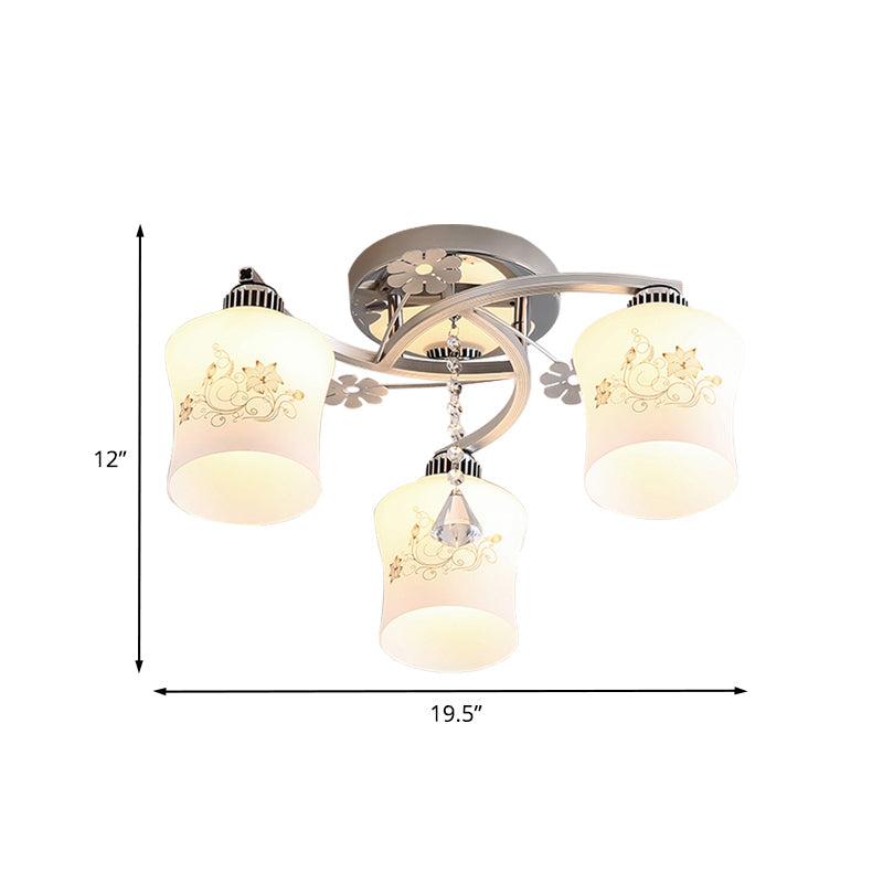Plafonnier semi-encastré moderne en verre blanc avec finition chromée - Design en spirale à 3 têtes à motifs