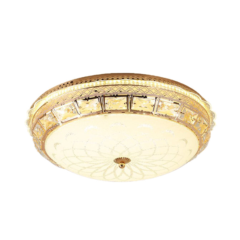 Modern Gold Flush LED Ceiling Light with Crystal Accents, Dome White Glass Shade - Ideal for Bedroom