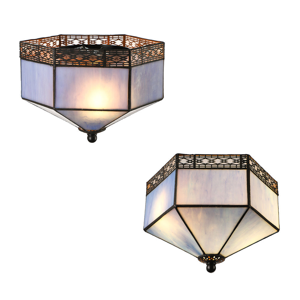 Tiffany Geometric Shade Flush Mount Ceiling Light with 2 Blue Lights for Bedroom