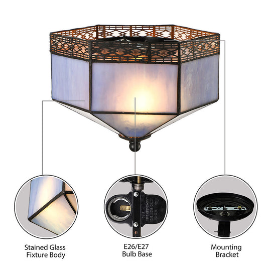Tiffany Geometric Shade Flush Mount Ceiling Light with 2 Blue Lights for Bedroom