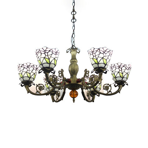 Tiffany Stained Glass Chandelier With Floral Shade - 6-Light Ceiling Pendant For Dining Rooms White