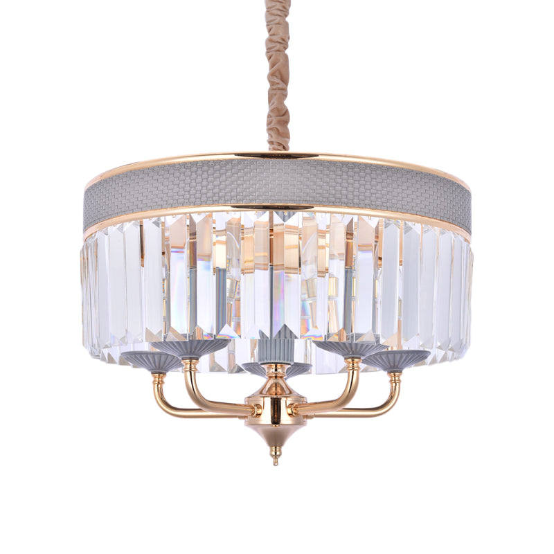 Contemporary Grey Drum Chandelier With Crystal Shade - 5 Heads Pendant Lighting Fixture