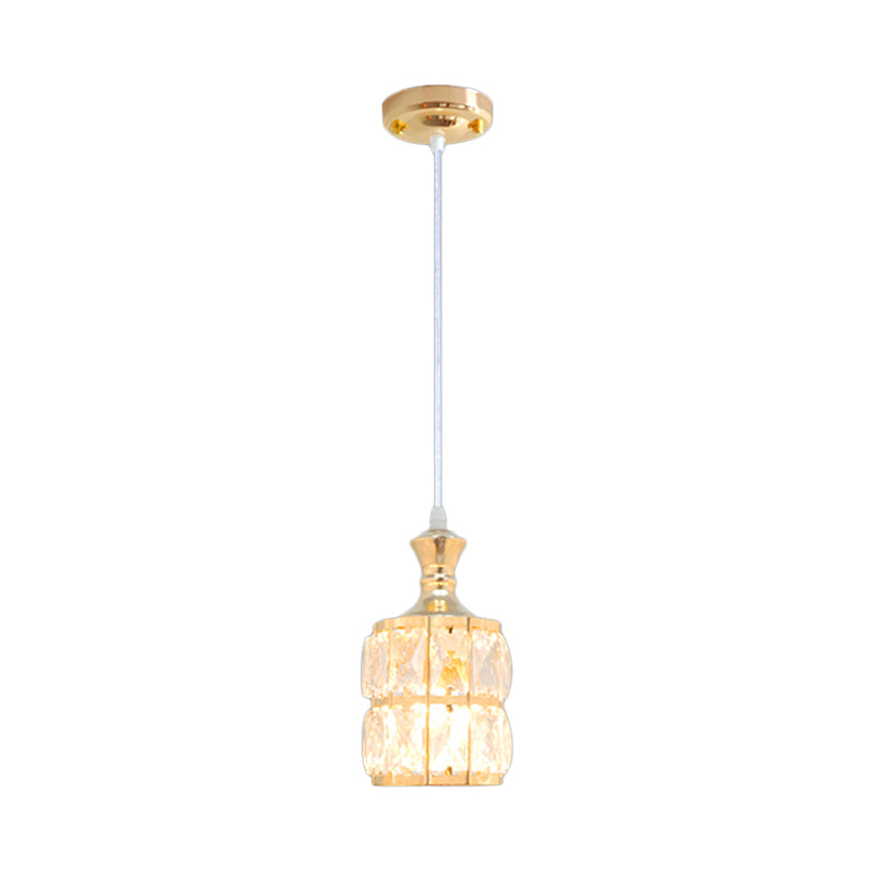 Gold Pendant Light With Crystal Block Cylinder - Modern Dining Room Lamp Kit