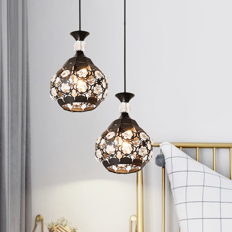 Hollow Flower Iron Suspension Pendant Light - Modern Black Finish With Crystal Accents
