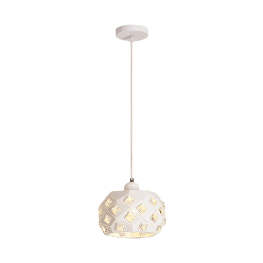 Lampe suspendue minimaliste en cristal - Lampe à pendule simple avec finition blanche et abat-jour tambour en fer