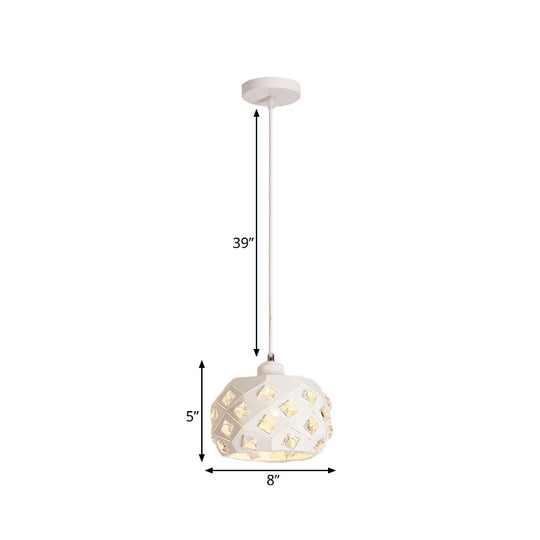 Minimal White Crystal Pendulum Hanging Lamp: Single Dining Room Light With Drum Iron Shade