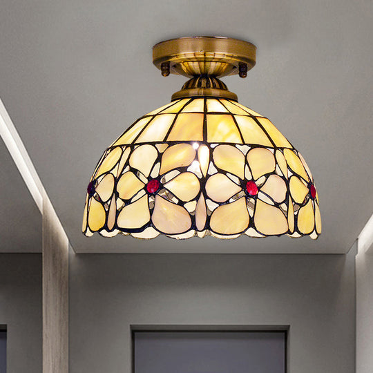 Brass Flushmount Lamp with Tiffany Flower Patterned Bowl Shell - Ceiling Light Fixture