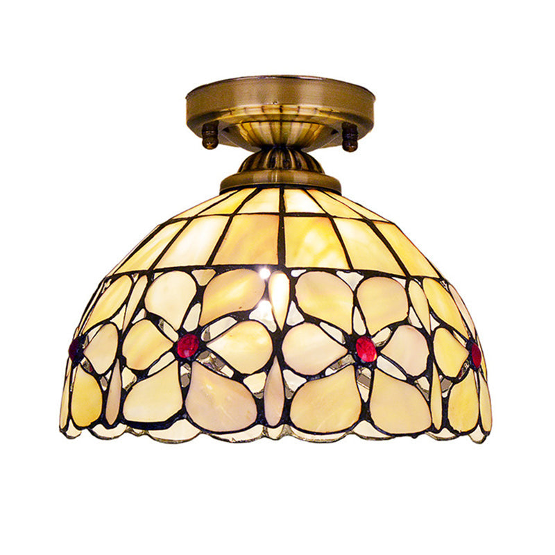 Brass Flushmount Lamp With Tiffany Flower Patterned Bowl Shell - Ceiling Light Fixture