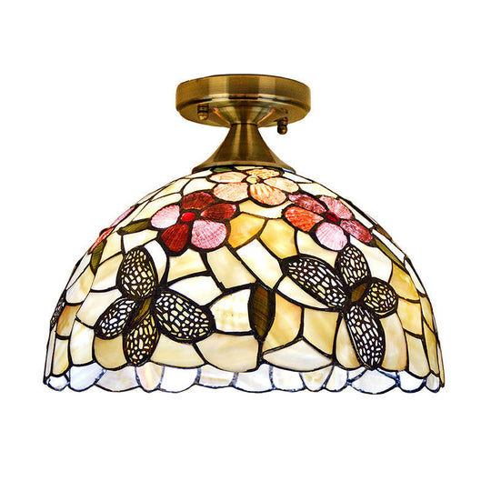 Tiffany Brass Flush Mount Kitchen Ceiling Light With Flower-Butterfly Shell Shade