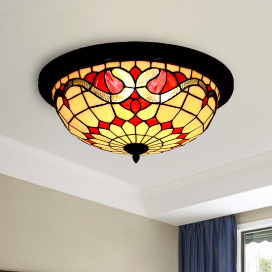 Baroque Style LED Ceiling Light for Bedroom - Stained Glass Black Flushmount Bowl Shape