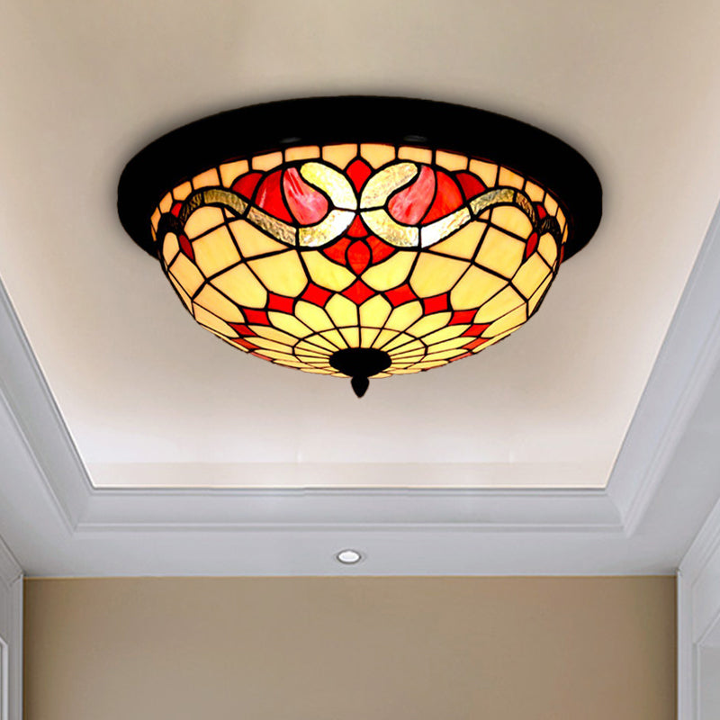 Baroque Style Led Ceiling Light For Bedroom - Stained Glass Black Flushmount Bowl Shape