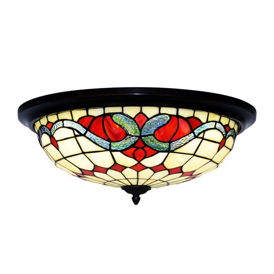 Baroque Style Led Ceiling Light For Bedroom - Stained Glass Black Flushmount Bowl Shape