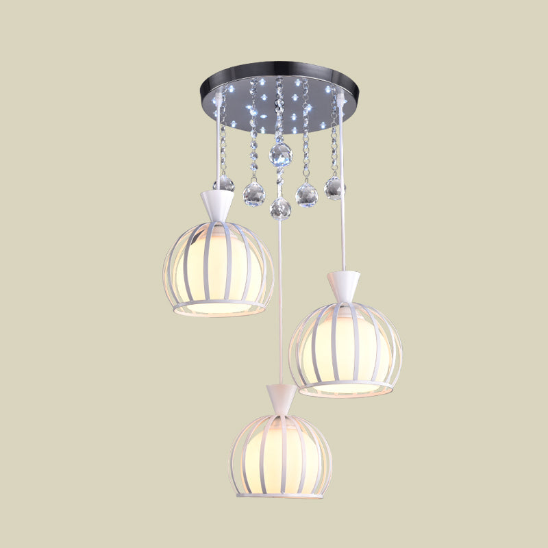 Modern Iron 3-Headed Cage Pendant Light: White Finish with Opal Glass Shade