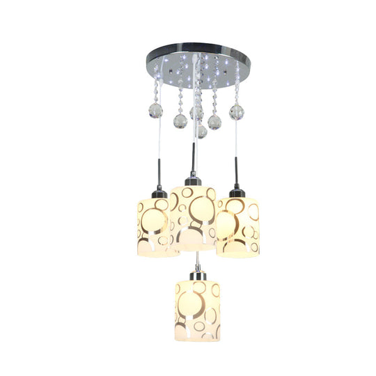Modern Patterned Glass Cylinder Pendant Light with Crystal Accents and 4 Bulbs in Chrome
