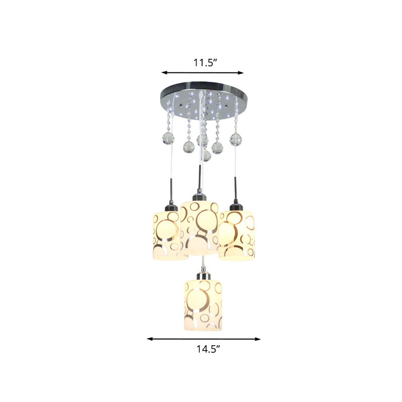 Modern Patterned Glass Cylinder Pendant Light with Crystal Accents and 4 Bulbs in Chrome