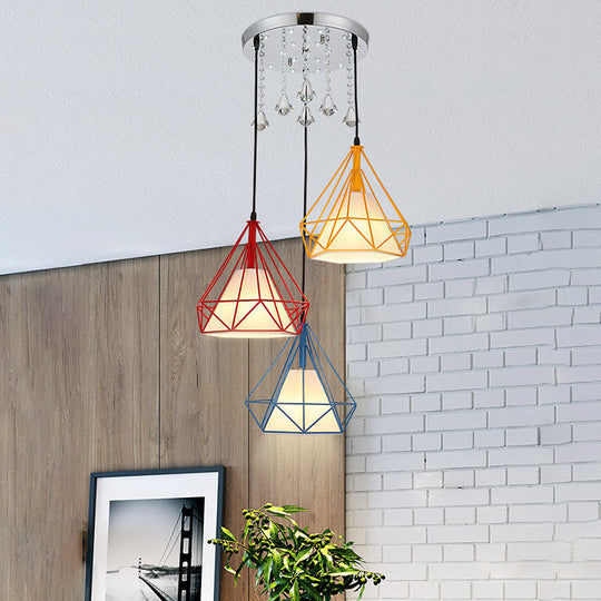 Modern 3-Head Diamond Cage Pendant Lamp: Red, Yellow, Blue Multi-Light Ceiling Lighting