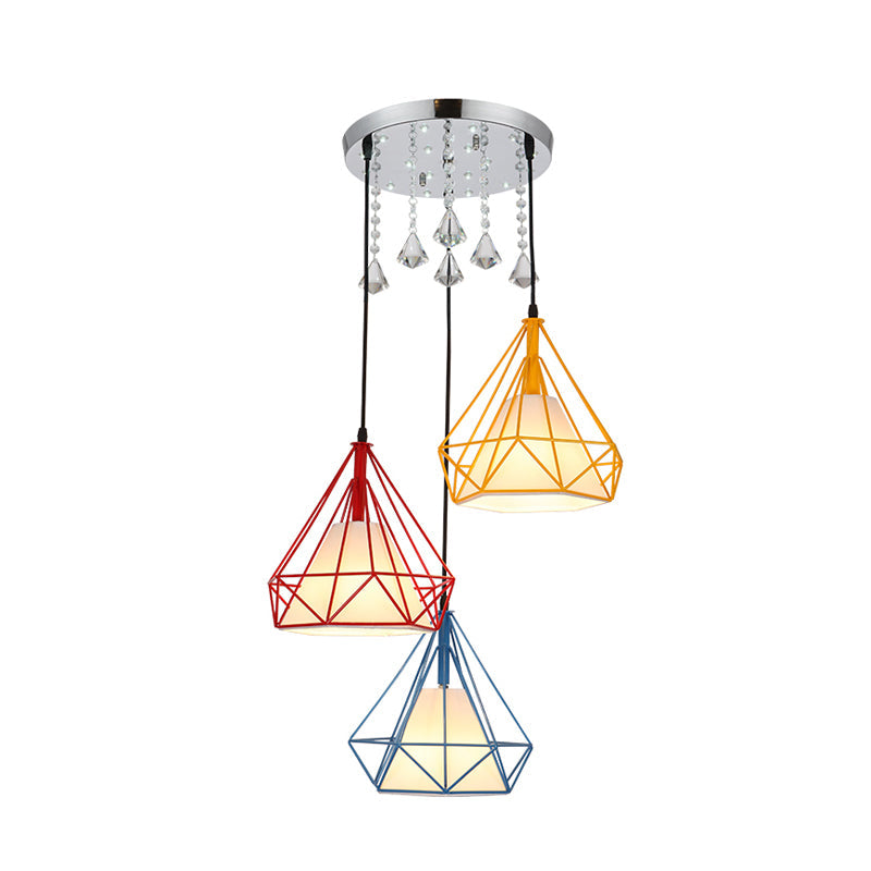 Modern 3-Head Iron Multi Light Ceiling Pendant Lamp - Red-Yellow-Blue Diamond Cage Design