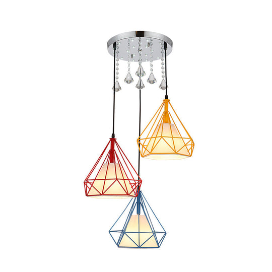 Modern 3-Head Iron Multi Light Ceiling Pendant Lamp - Red-Yellow-Blue Diamond Cage Design
