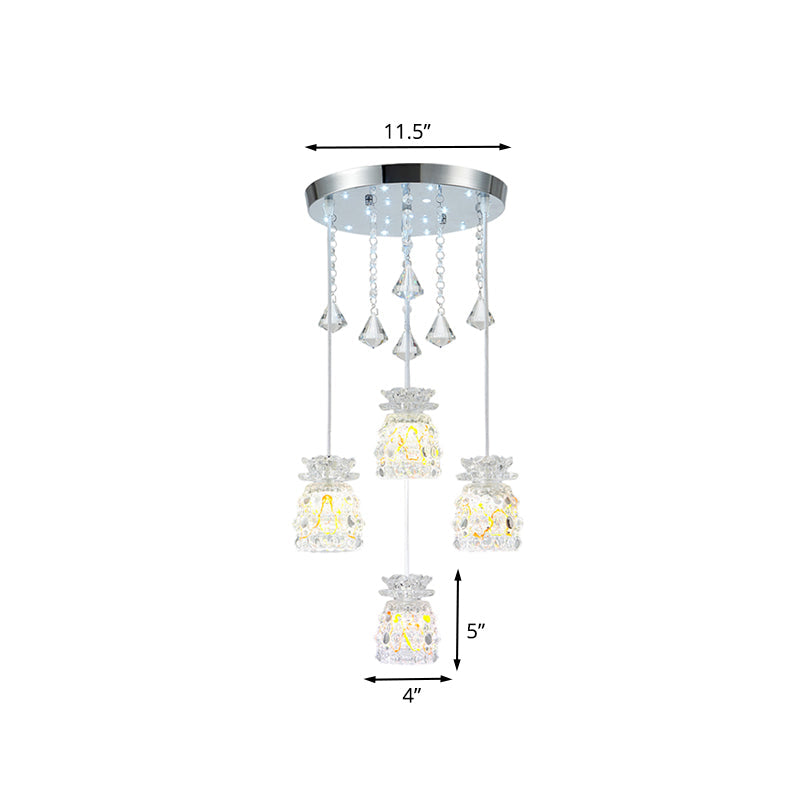 Suspension moderne en chrome avec abat-jour en cristal - Idéal pour les salles à manger, luminaire suspendu à 4 ampoules